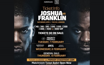 Anthony Joshua vs Jermaine Franklin tickets on sale this week The O2 in London on Saturday April 1 how much where to buy price cost Matchroom Fight Pass members General Sale tickets February 8 priority