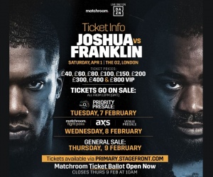 Anthony Joshua vs Jermaine Franklin tickets on sale this week The O2 in London on Saturday April 1 how much where to buy price cost Matchroom Fight Pass members General Sale tickets February 8 priority