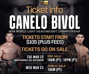 Canelo Alvarez vs Dmitry Bivol ticket info tickets how much pre-sale cost price oddschecker May 7 in Las Vegas Wednesday March 23 axs.com alerts buy when on sale