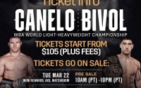 Canelo Alvarez vs Dmitry Bivol ticket info tickets how much pre-sale cost price oddschecker May 7 in Las Vegas Wednesday March 23 axs.com alerts buy when on sale