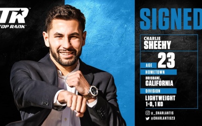 Top Rank sign rising unbeaten lightweight star Charlie Sheehy boxrec pro record amateur career next fight date tv channel ringwalks bob arum espn watch debut youtube highlights
