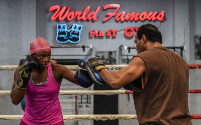 Claressa Shields and Ivana Habazin media workout training pads