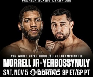 David Morrell Jr. defends WBA Super Middleweight Champion to undefeated mandatory challenger Aidos Yerbossynuly boxrec oddschecker wiki fight time date tv channel