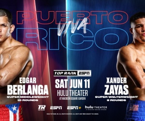 Edgar Berlanga faces Alexis Angulo on the eve of the Puerto Rican Day Parade in New York City madison square garden tickets hulu theater Xander Zayas vs Ravshan Hudaynazarov tv channel espn