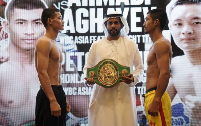 Fighters weigh in for 'Rising Stars' event Conrad Hotel in Dubai promoted by Ahmed A. Seddiqi for D4G Promotions, and is sponsored by Hublot, Ahmed Seddiqi & Sons & Kinetik Hasibullah Ahmadi vs Rauf Aghayev wbc asia boxrec