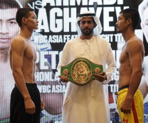 Fighters weigh in for 'Rising Stars' event Conrad Hotel in Dubai promoted by Ahmed A. Seddiqi for D4G Promotions, and is sponsored by Hublot, Ahmed Seddiqi & Sons & Kinetik Hasibullah Ahmadi vs Rauf Aghayev wbc asia boxrec