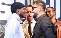Joe Fournier pushes KSI during heated head to head may 13 crossover clash youtube boxer boxing professional record amateur career boxrec wiki david haye coach trainer gym Alexis Demetriades