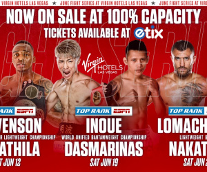 Full capacity permitted for Top Rank’s June events at Virgin Hotels Las Vegas Shakur Stevenson-Jeremiah Nakathila June 12 Naoya Inoue vs Michael Dasmarinas 19 Vasiliy Lomachenko Masayoshi Nakatani 26 headline ESPN