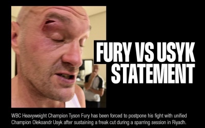 Tyson Fury official statement cut in sparring training wearing a headguard open eye otto wallin ducking oleksandr usyk what happened footage cancelled fight is off boxrec